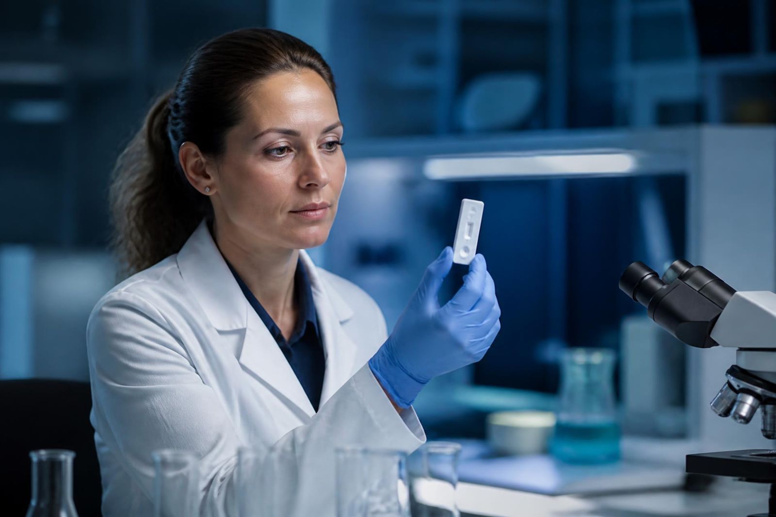 Laboratory professional examining a rapid diagnostic test cassette